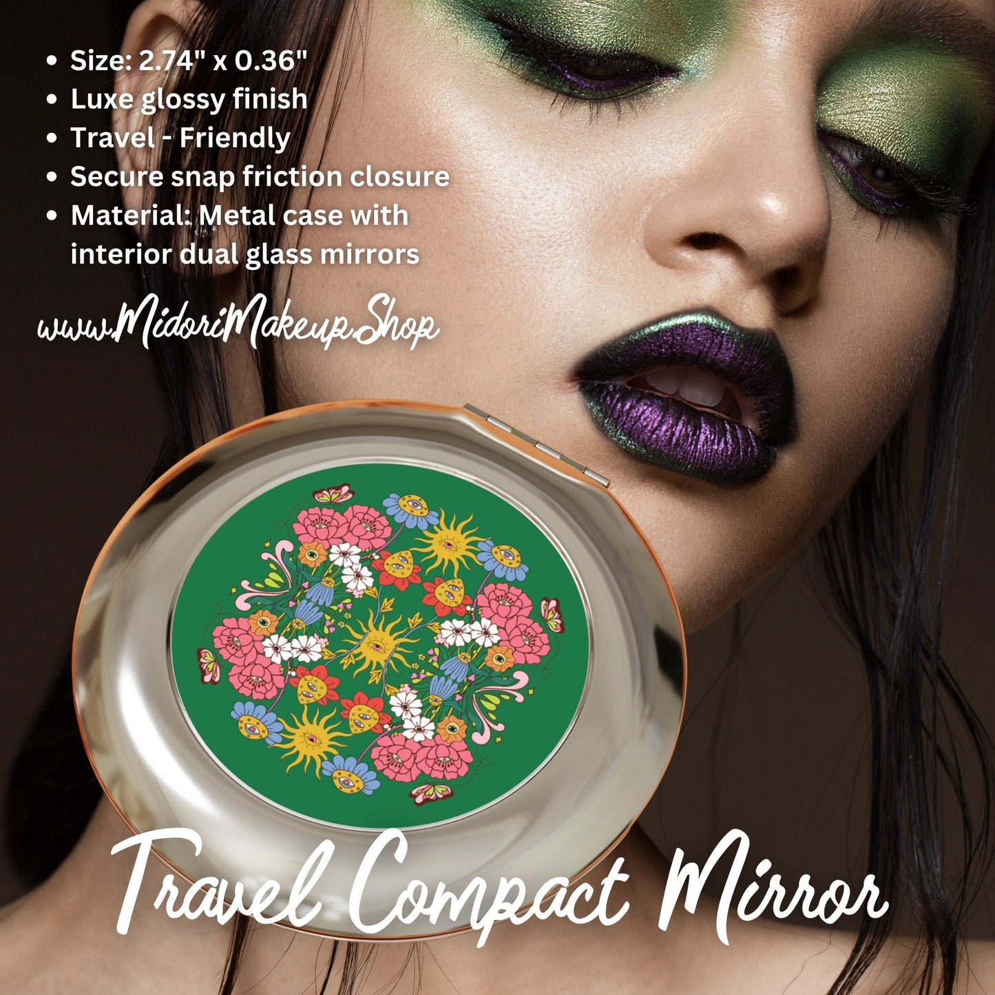 Retro Trippy Floral Garden Mirror Travel Compact - Holiday Hippie Flowers Evil Eye Celestial Cottagecore Whimsigoth Makeup Artist Lash Gift