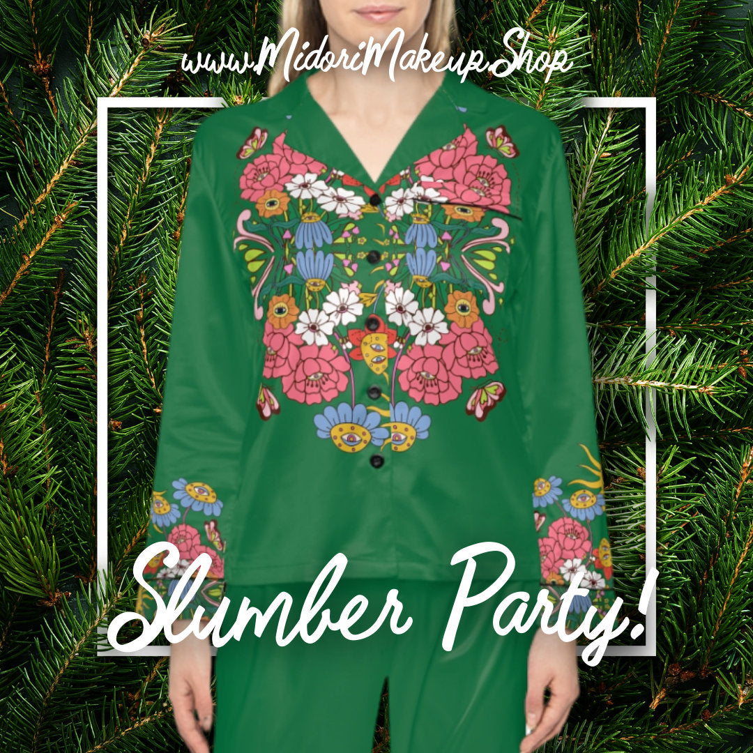 Midnight Garden Flower Eyes Pajamas - Holiday Green Classic Satin Sleep Slumber Party Psychedelic Retro Floral Cottagecore Gardener Gift PJs