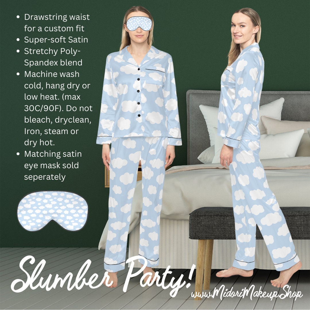 Blue Sky Cloudy Day Dream PJs Satin Cloud Classic Pajamas - Pastel Kawaii Retro y2k 90s Sleepwear Slumber Party Bachelorette Bridal Gift Set