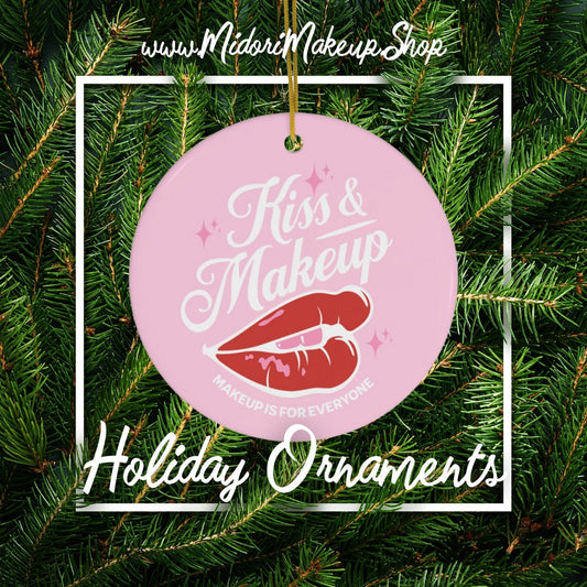 Retro Pink Lips Holiday Ornament - Kiss & Makeup Artist MUA - Thank You Client Gift Tag Stocking Stuffer Swag - Ceramic Christmas Tree Decor